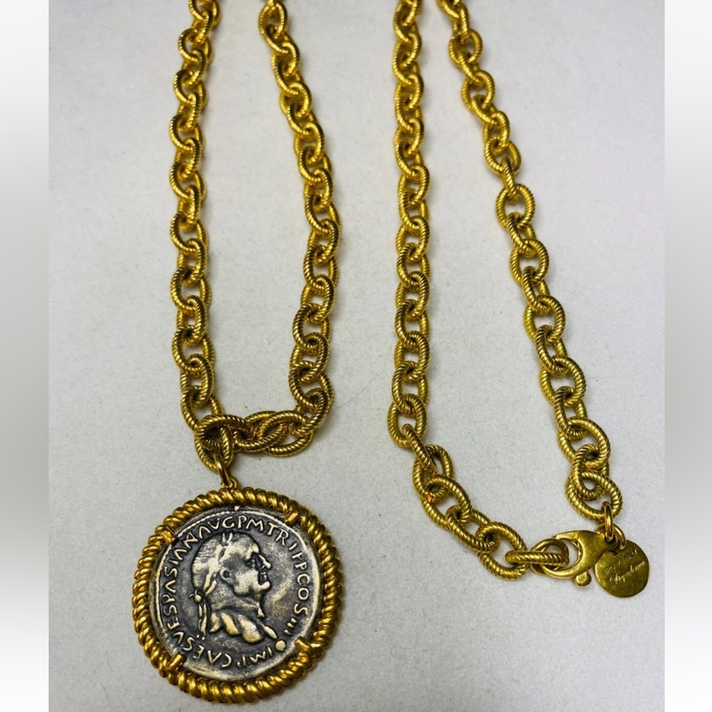Vintage Dyadema Bronze Italy Roman Coin Pendant Goldtone Chain Link Necklace 30"